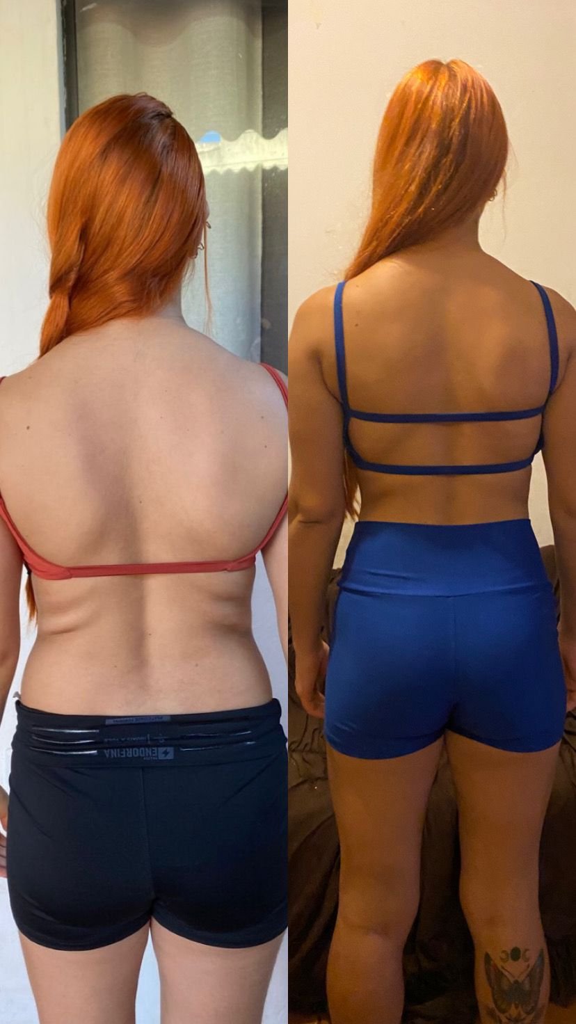 Antes e depois de uma paciente do Método SS, de costas: à esquerda antes, à direita depois, com as costas mais definidas e a cintura mais estreita
